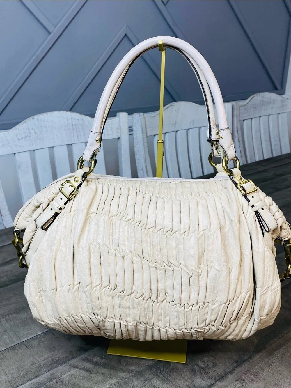 Coach Madison Gathered Leather Satchel Bag Off-White Cream Gold Hardware